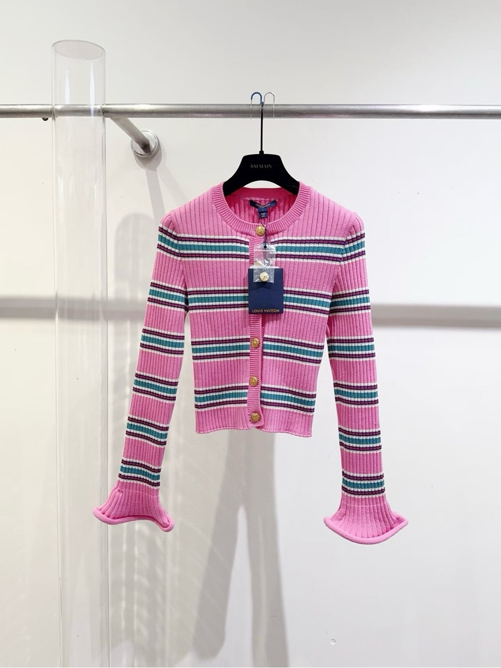 Louis Vuitton Pink Striped Ribbed Cardigan with Gold Buttons